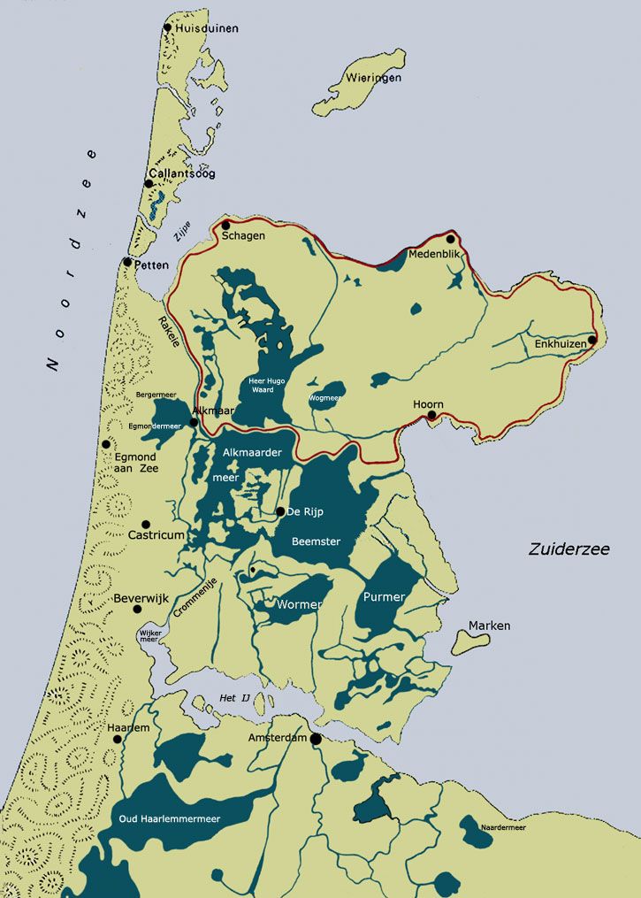 1300 AD - North Holland (province) - The dark blue areas are lakes - Welke Streek In Noord Holland Is Bekend Om Zijn Omringdijk