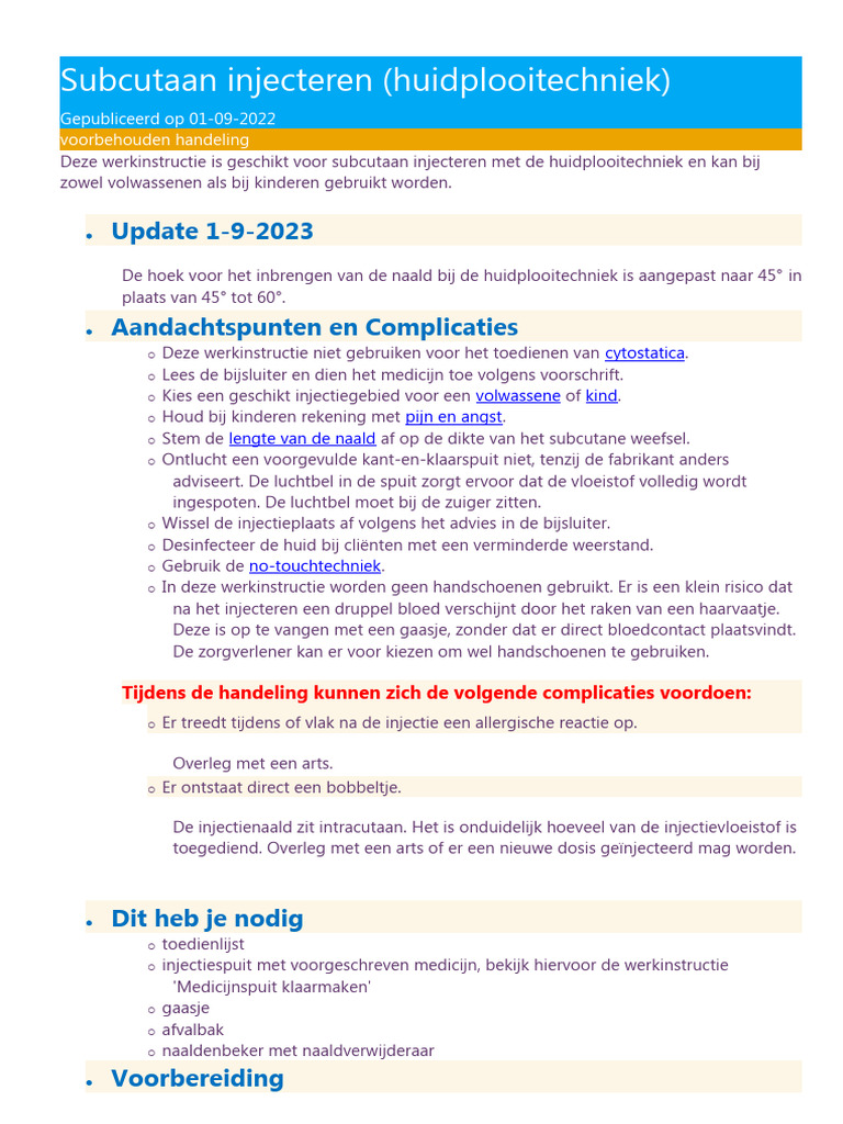 2023-11-27 Subcutaan Injecteren Huidplooi | PDF - Subcutaan Injecteren Loodrecht Of Huidplooi