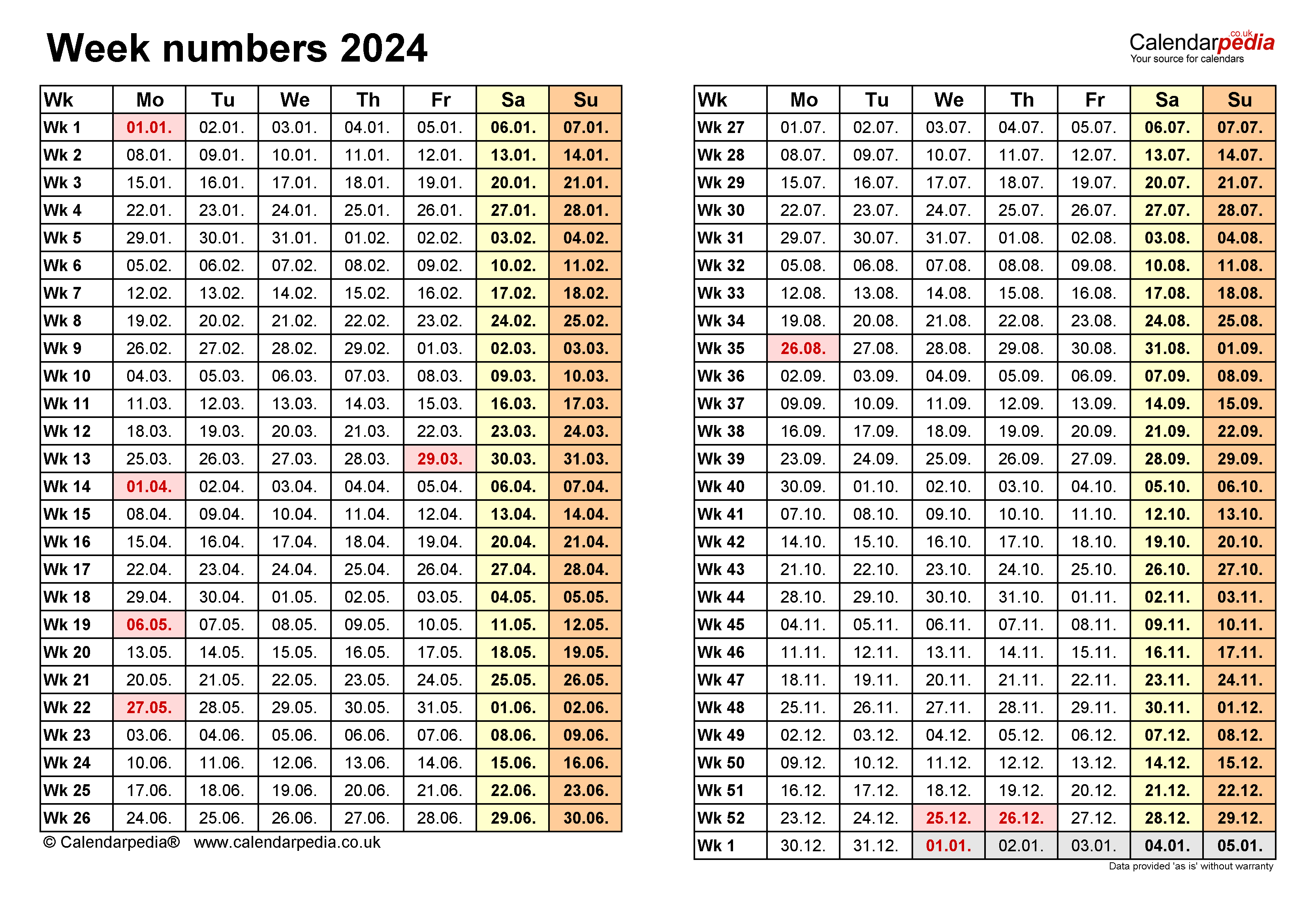 2024 Calendar With Week Numbers Printable - Welke Week Zijn We 2024