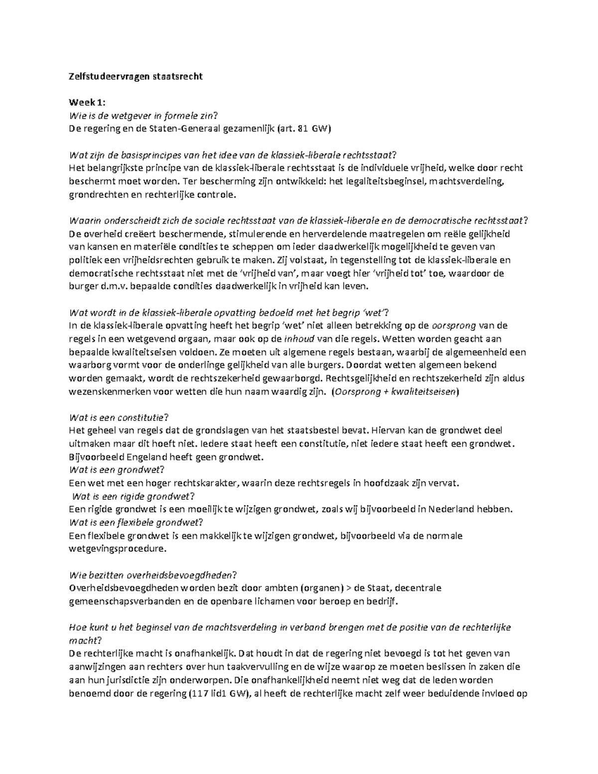 8180518941-Collegevragen - Zelfstudeervragen staatsrecht Week 1: Wie is - Wie Is De Formele Wetgever