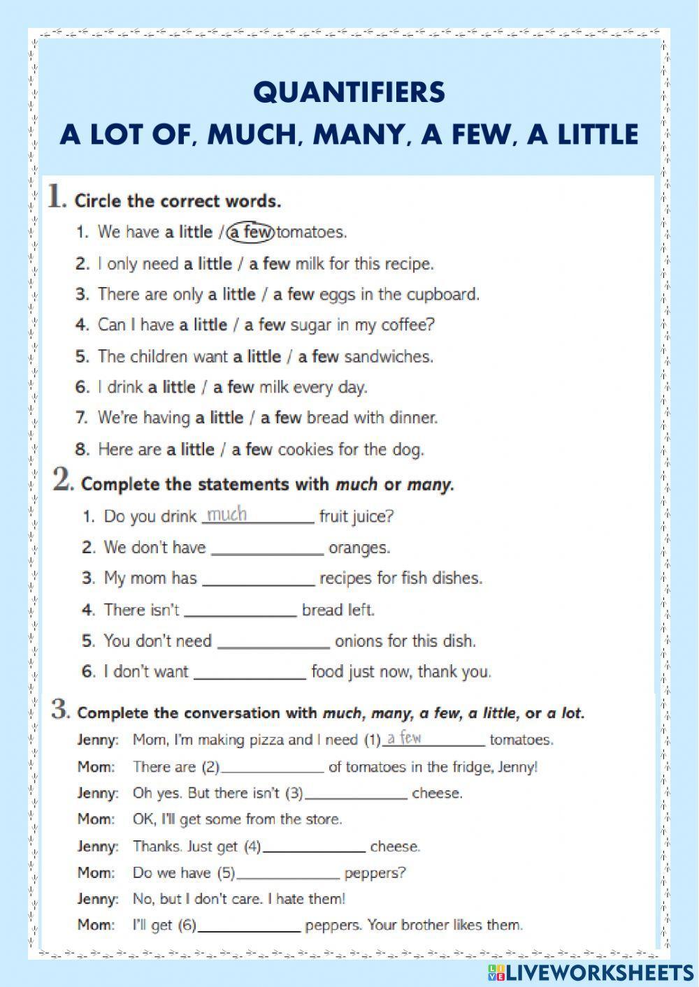 943961 | QUANTIFIERS: A LOT OF, MANY, MUCH, A FEW, A - Lots Of A Lot Of Much Many