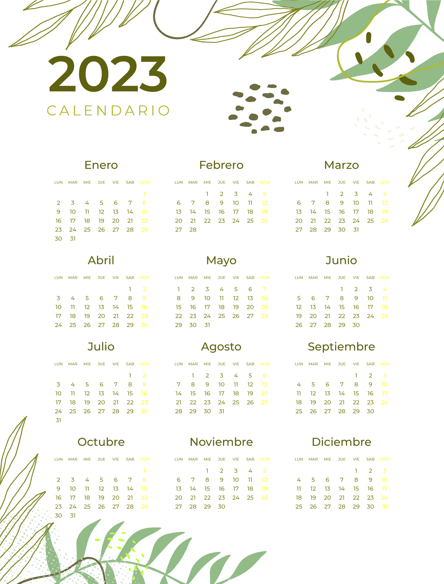 a calendar for the new year with green leaves on it and numbers in - Academic Calendar Nhl Stenden 2023