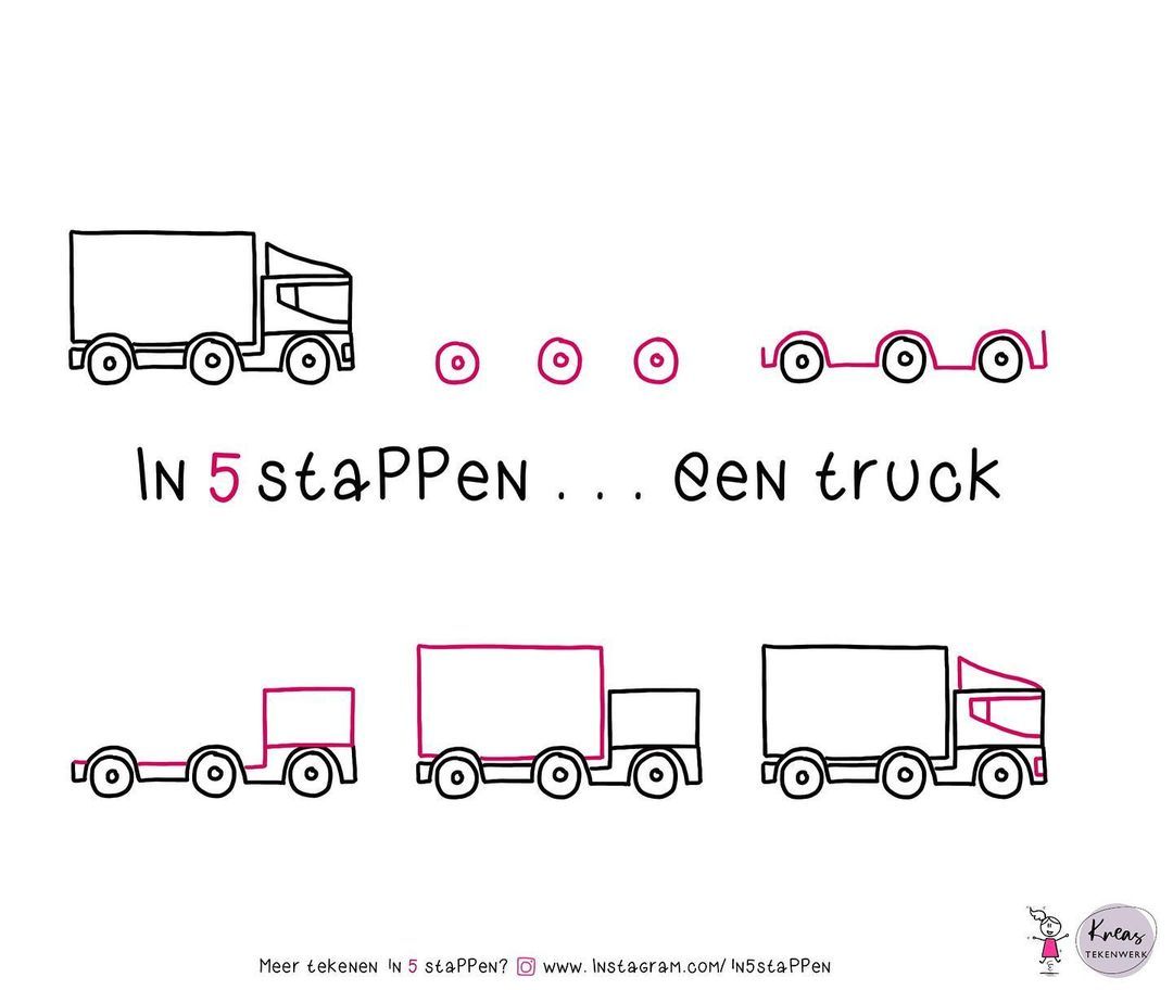 a drawing of five trucks with the words in 5 stappen, gen truck - Hoeveel Stappen Is 50 Km