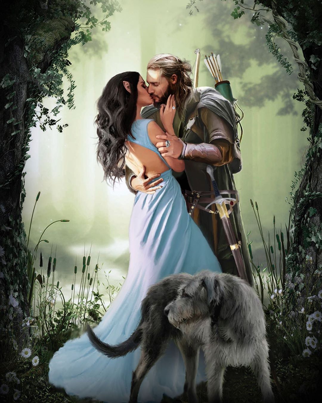 a painting of a man and woman kissing in front of a forest with a dog - Beren Op De Weg En Spinsels In Je Hoofd
