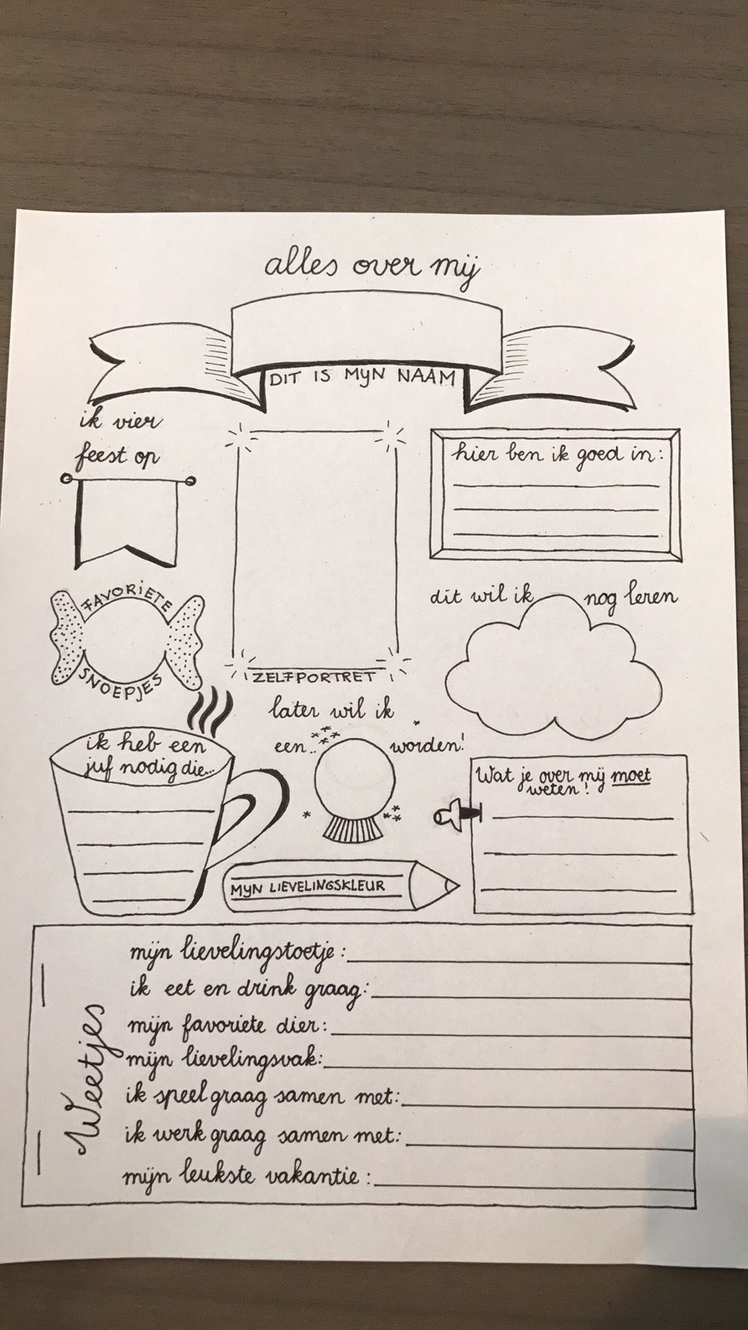 a piece of paper that has been drawn on top of it with words and pictures - Jezelf Voorstellen Als Nieuwe Juf