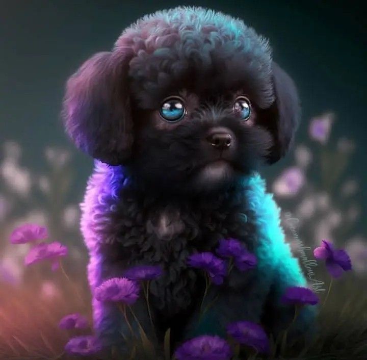 a small black dog with blue eyes sitting in the middle of purple and - Wat Is De Officiële Taal Van Amerika