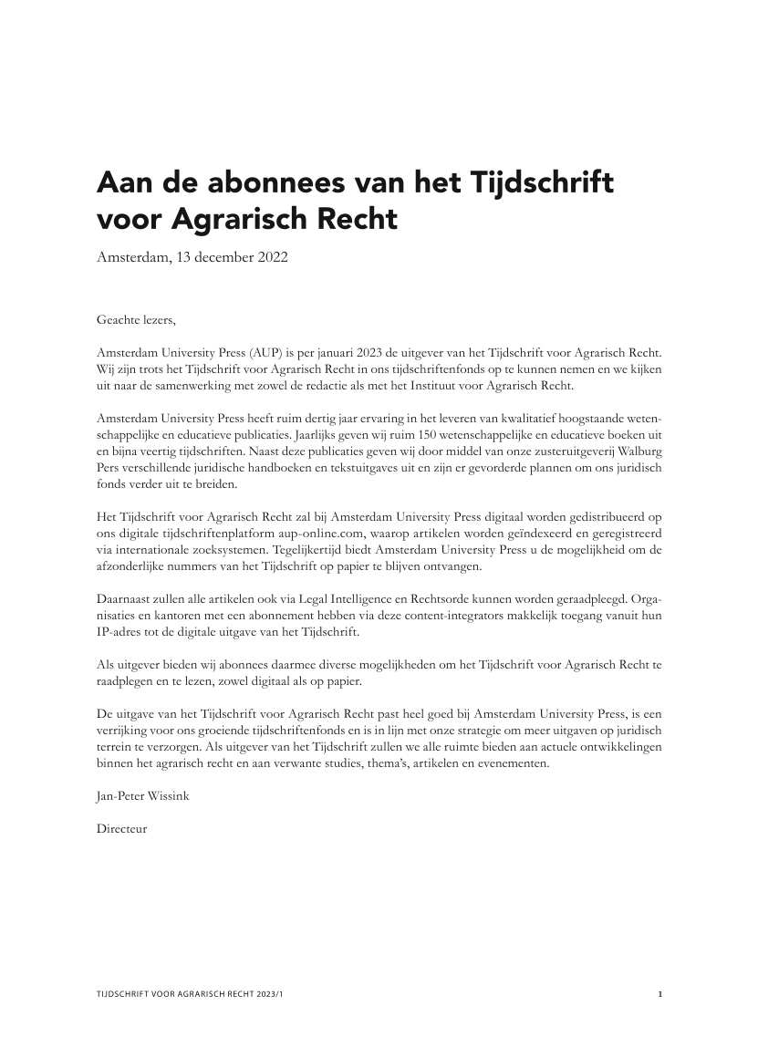 Aan de abonnees van het Tijdschrift voor Agrarisch Recht | Amsterdam - Nederlands Tijdschrift Voor Burgerlijk Recht