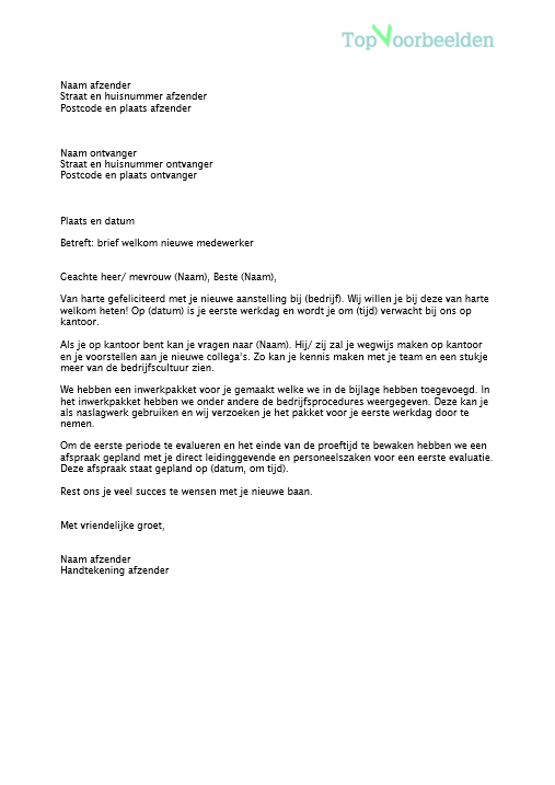 Aanbod Brief Voorbeeld - Introductie Nieuwe Medewerker Voorbeeld Tekst