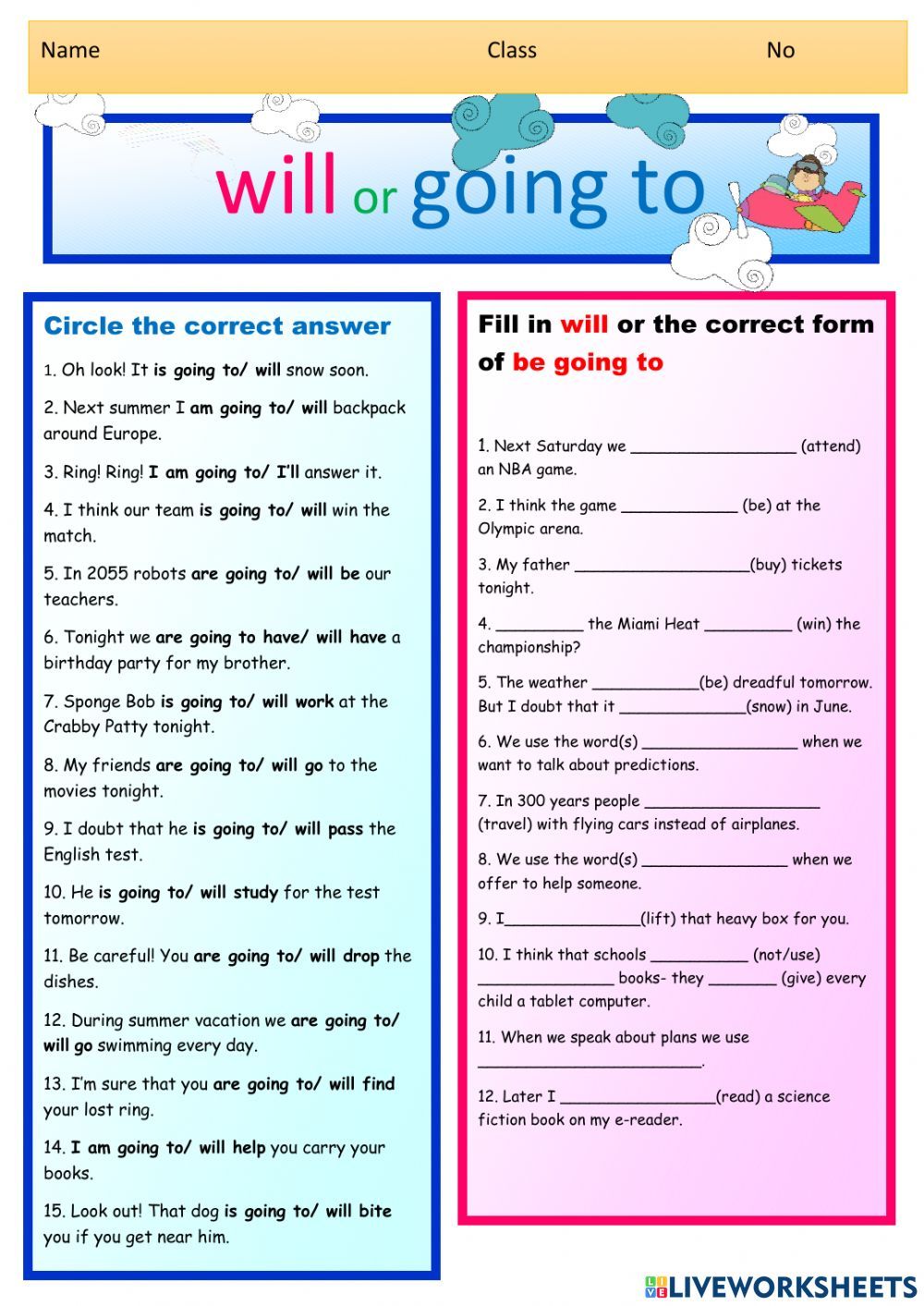 Actividad online de Will vs going to para 6. Puedes hacer los - Going To Or Will Exercises