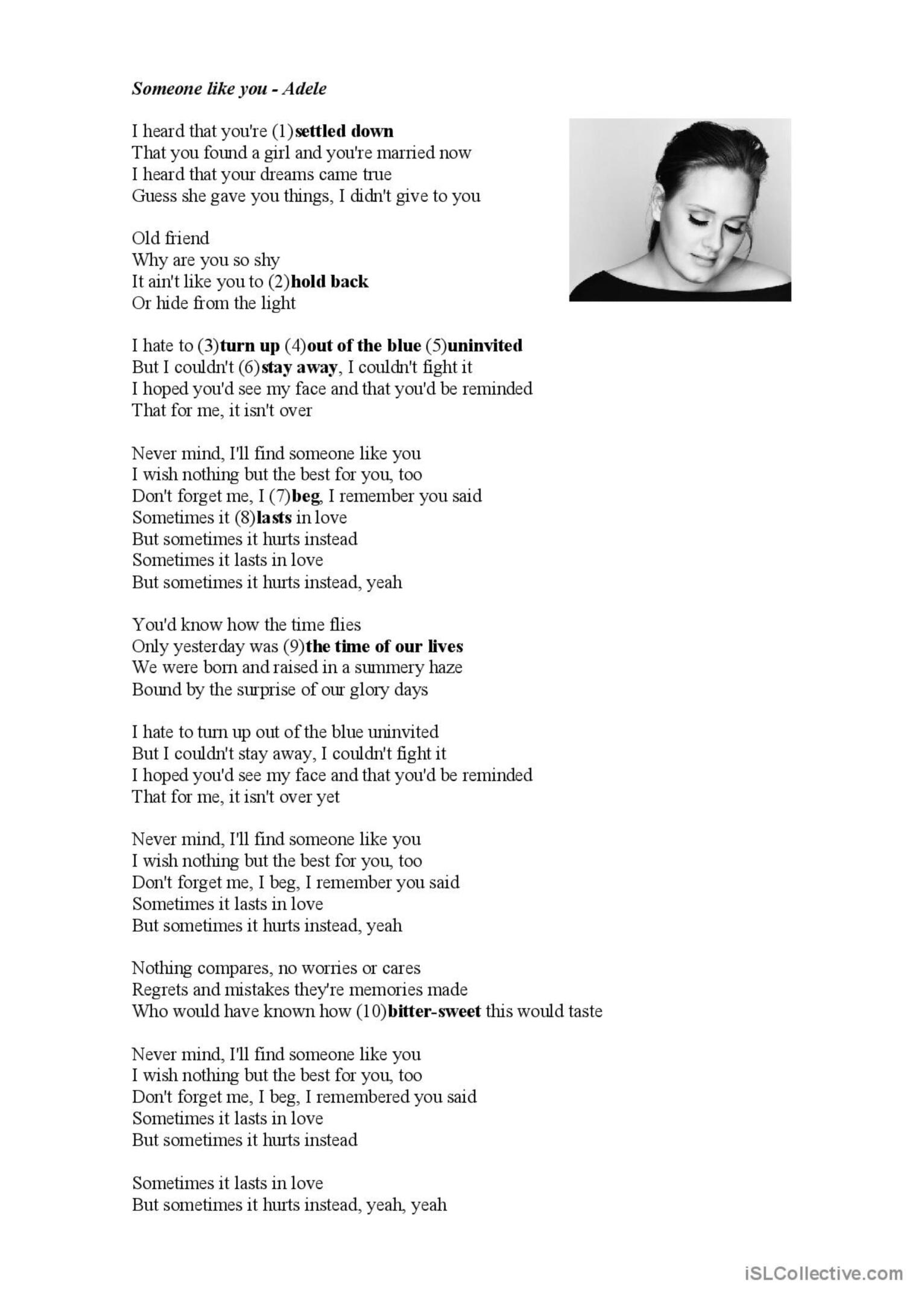 Adele - Someone like you song and n…: English ESL worksheets pdf & doc - Someone Like You By Adele With Lyrics