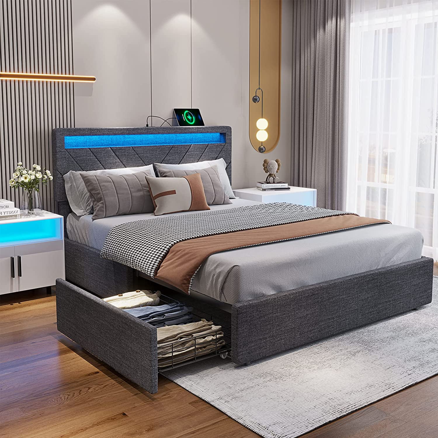 ADORNEVE Full Bed with Led Lights, Platform Bed Frame with 4 Drawers - Bed En Breakfast Brocante De Buxus