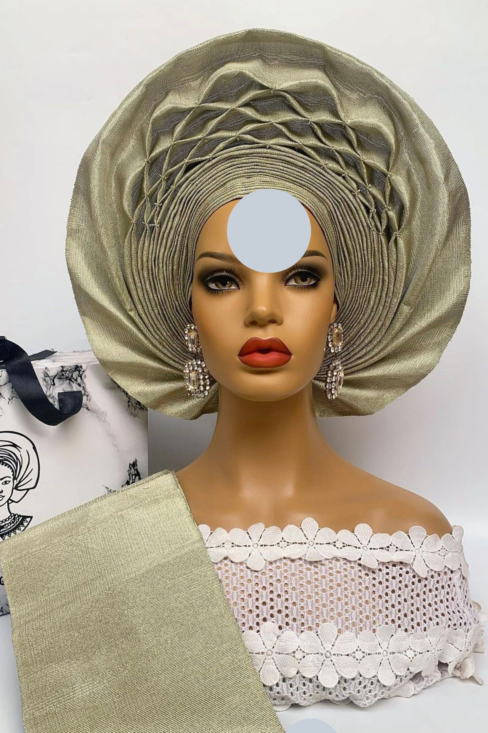 Africa, Nigeria Gele headtie hat, Aso-Oke Fabric,gele,Headwrap,Ready-to - Gele Rups Met Zwarte Stippen
