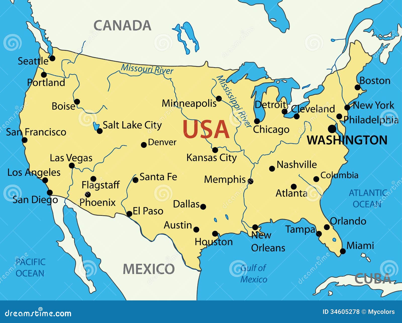 America - Vector Line Travel Illustration | CartoonDealer.com #88619560 - Kaart Van Amerika Met Steden