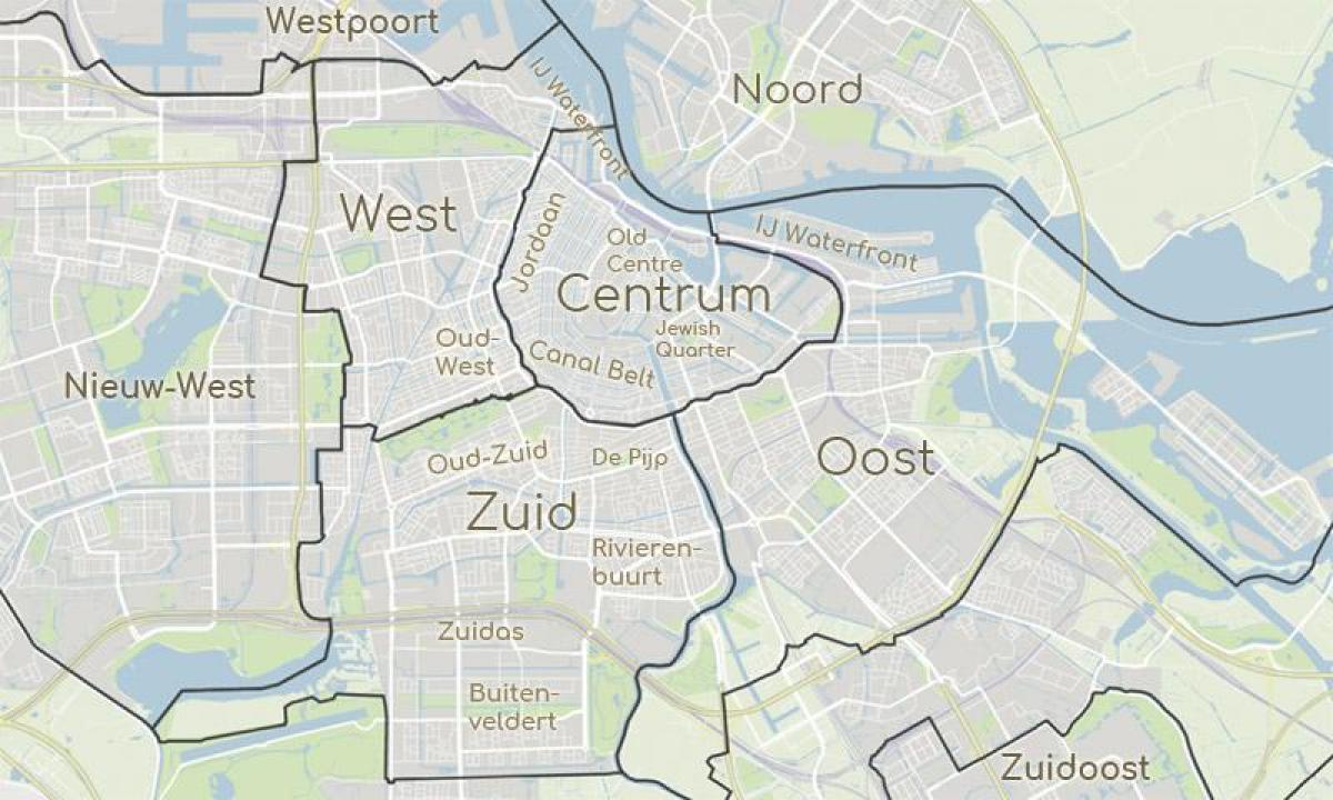 Amsterdam districts map - Map of Amsterdam showing districts (Netherlands) - Fysiotherapie Amsterdam Oost In Oost West En Ijburg