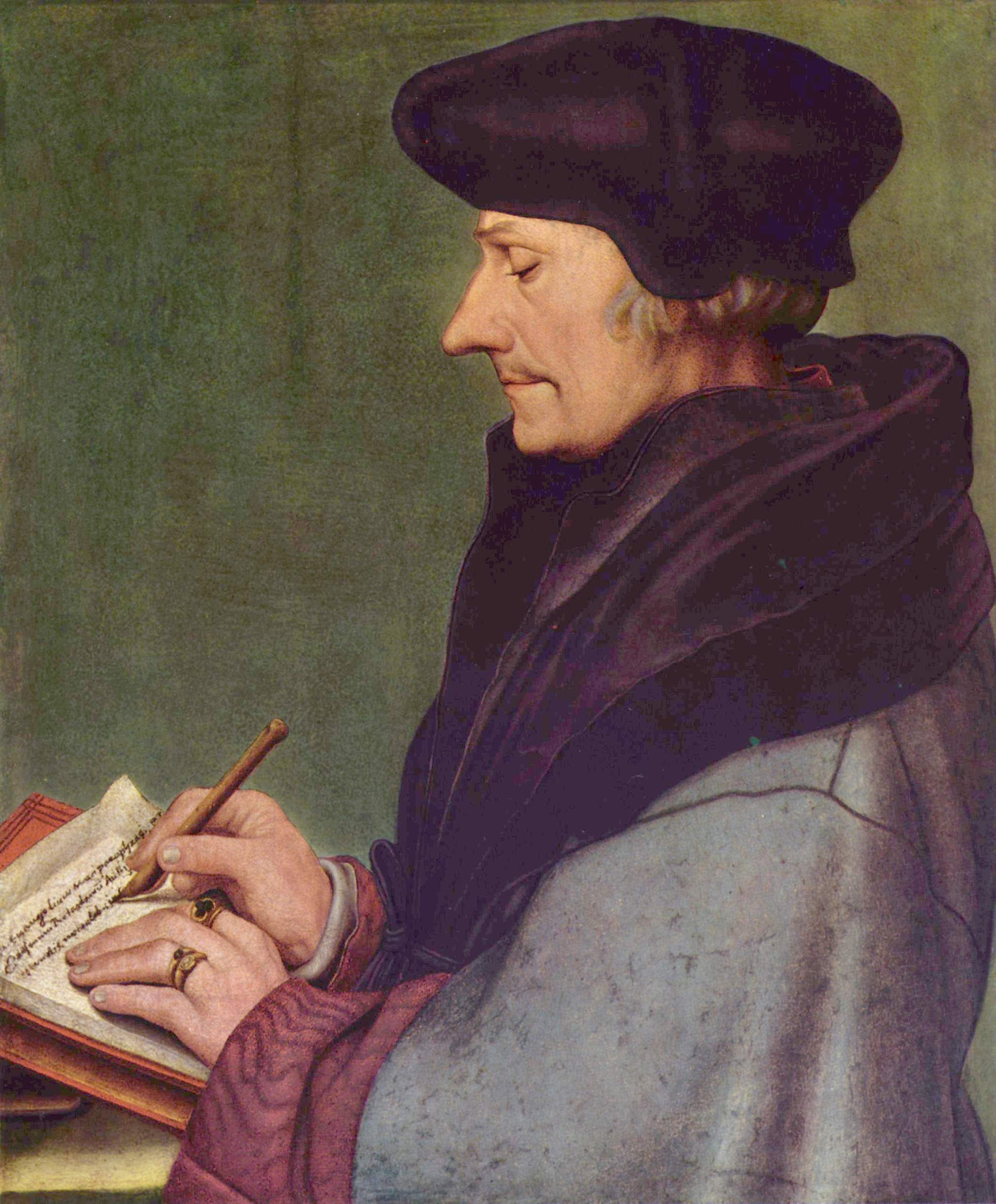an old man writing on a piece of paper with a book in his lap and - Kunstwerken Van Hans Holbein De Jonge
