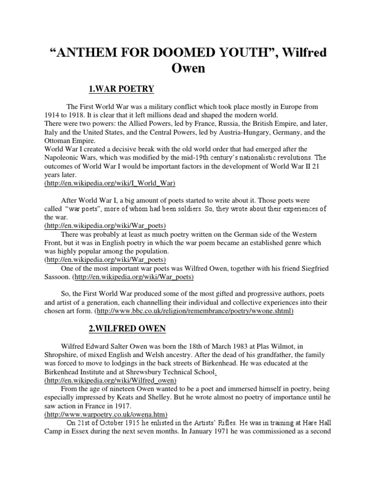 Anthem For Doomed Youth | PDF | Poetry | Unrest - Anthem For Doomed Youth Paraphrase