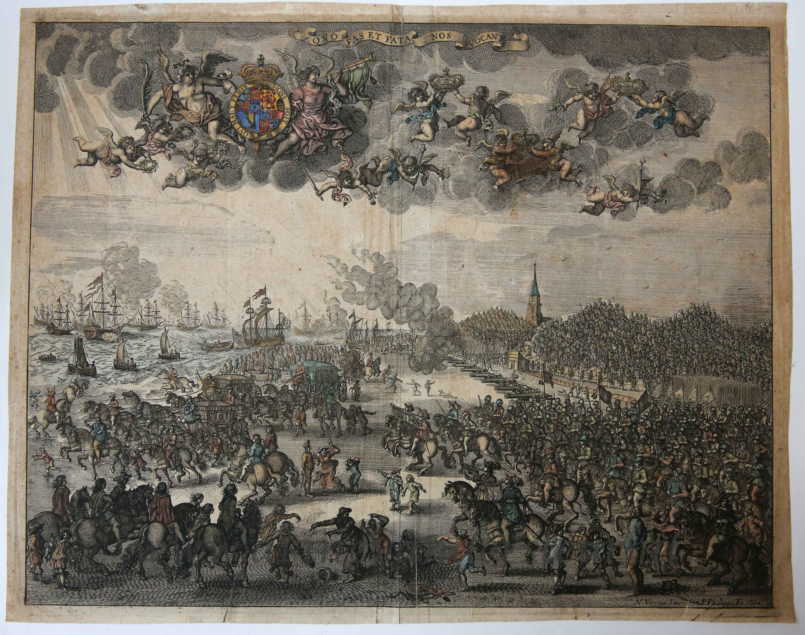 [Antique print, handcolored etching, The Hague, Scheveningen] The - Welke Kerk Stichtte Karel Ii In Engeland