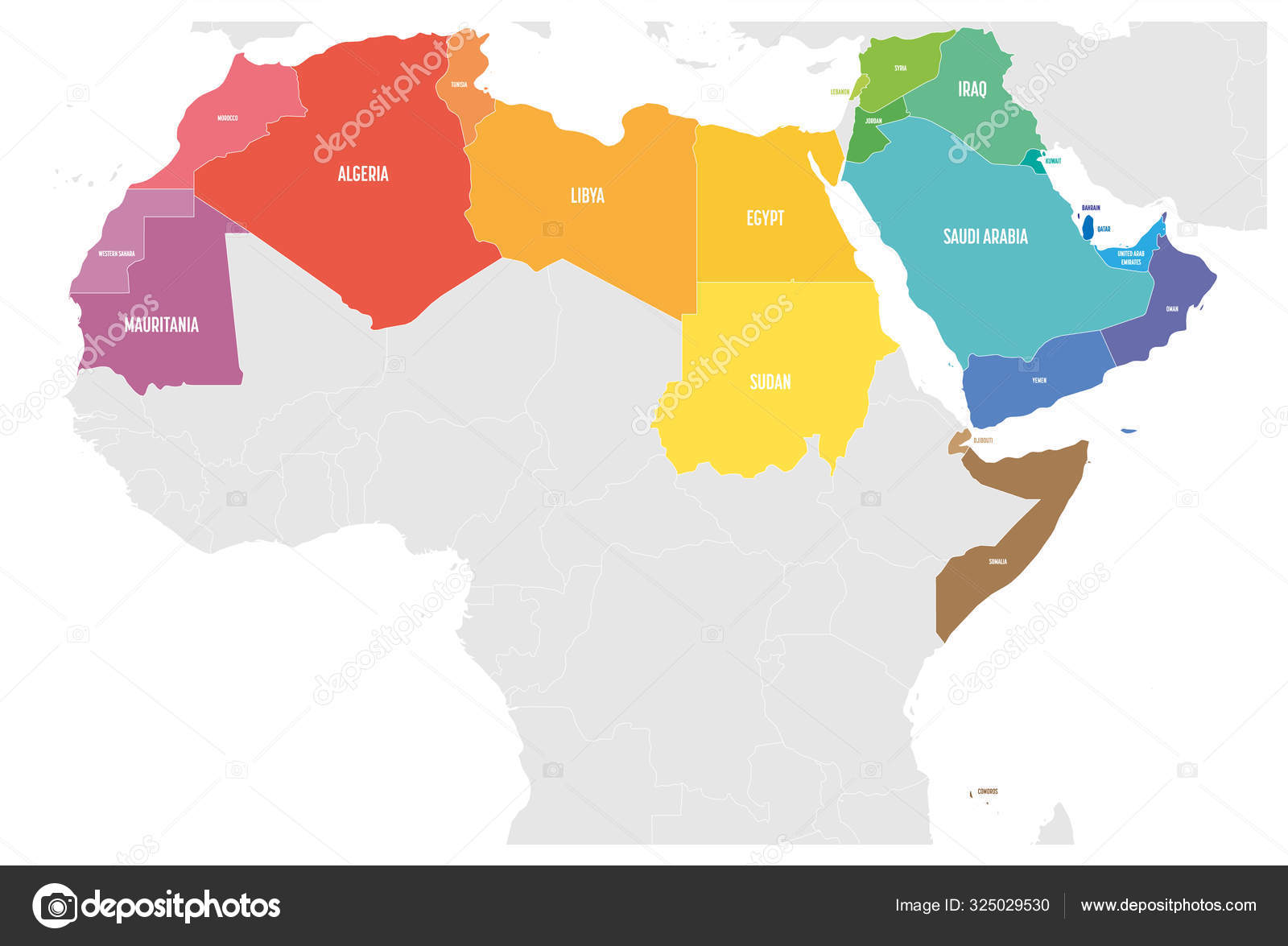 Arab World states political map with colorfully higlighted 22 arabic - In Welk Land Begon De Arabische Lente