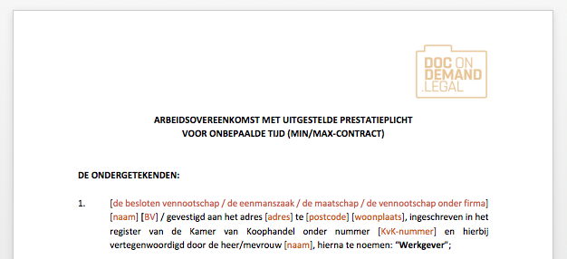Arbeidsovereenkomst met uitgestelde prestatieplicht min-max-contract - Arbeidsovereenkomst Voor Onbepaalde Tijd Voorbeeld