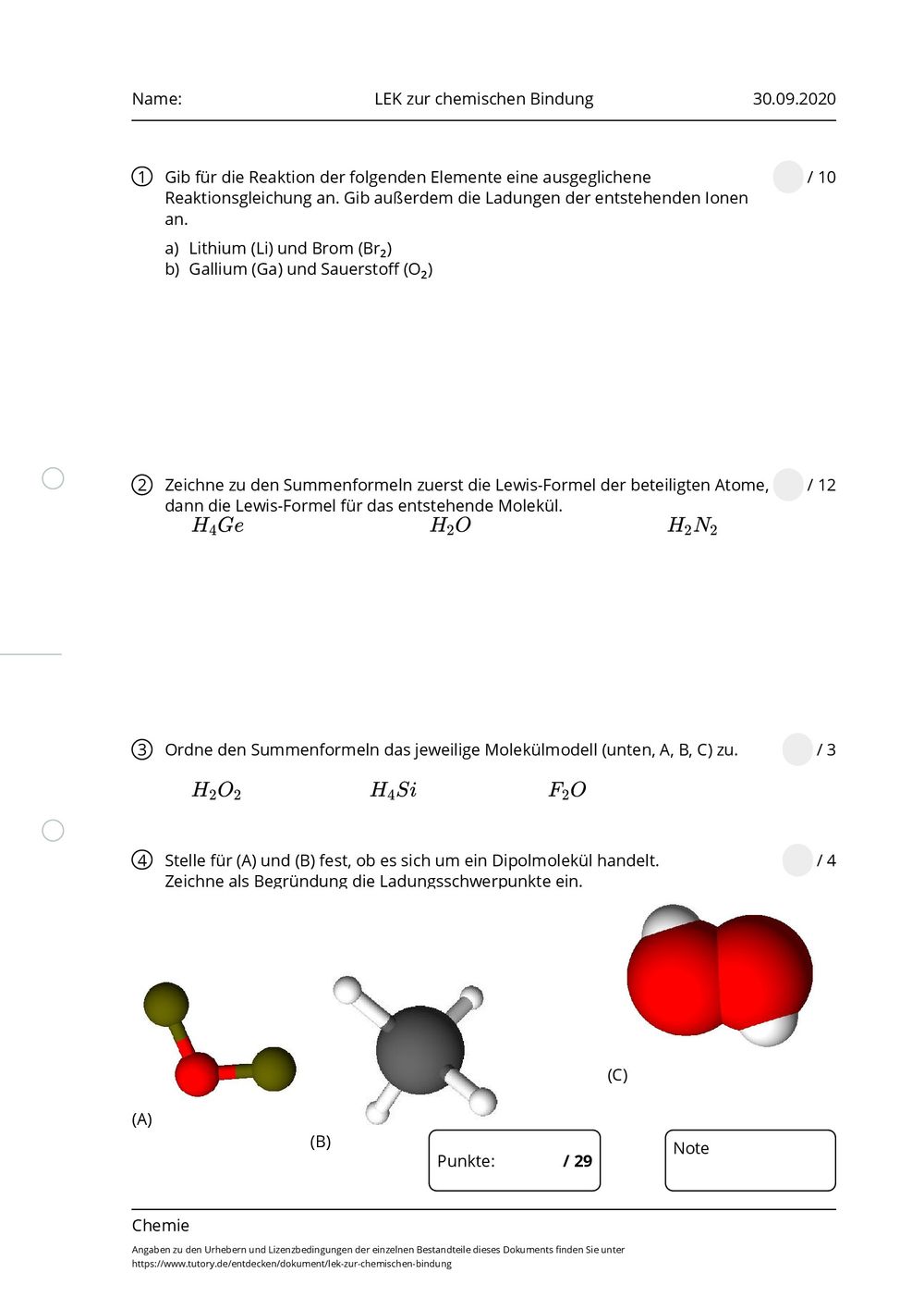 Arbeitsblatt - LEK zur chemischen Bindung - Chemie - tutory.de - Chemie Overal Vwo 3 Antwoorden
