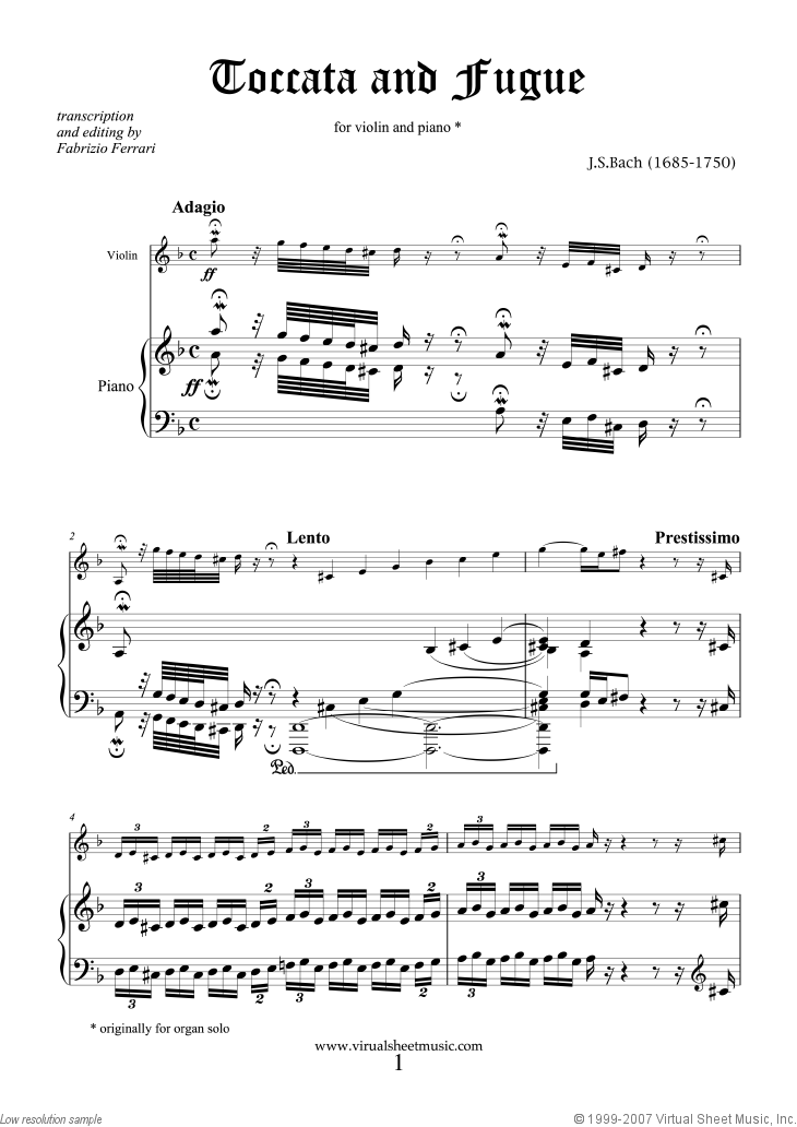 Bach - Toccata and Fugue in D minor BWV 565 sheet music for violin and - Johann Sebastian Bach Toccata En Fuga In D-moll
