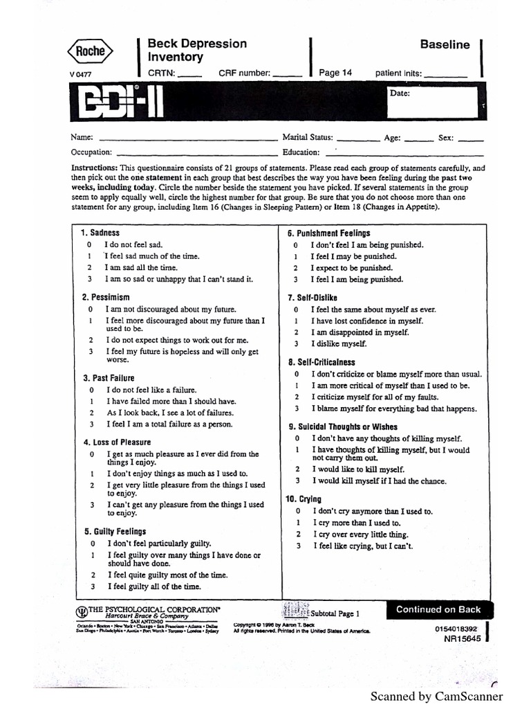 Beck Depression Inventory (BDI) | PDF - Bdi Beck Depression Inventory Scoring
