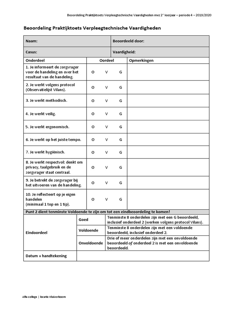 Beoordelingsformulier Verpleegtechnische Handelingen 2e Jaar MZVZ | PDF - Verpleegtechnische Handelingen Verzorgende Ig Lijst