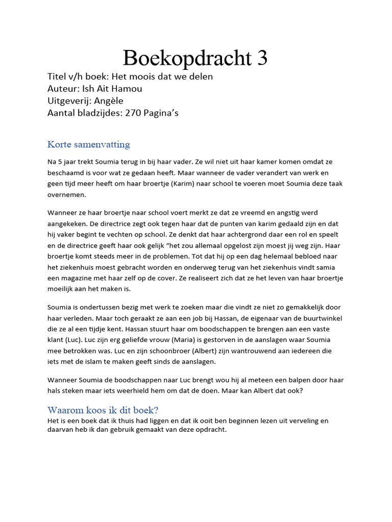 Boekopdracht 3 Het Moois Dat We Delen | PDF - Het Moois Dat We Delen Samenvatting