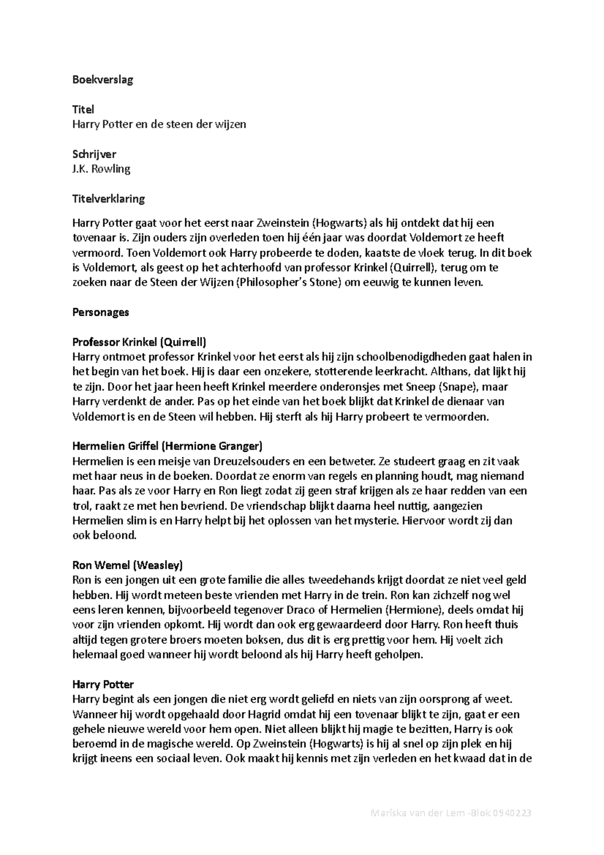 Boekverslag Harry Potter En De Steen Der Wijzen