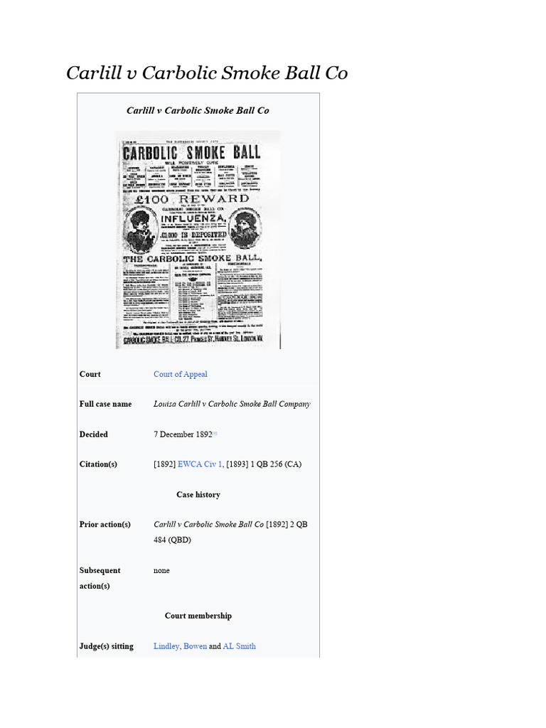 Carlill V Carbolic Smoke Ball Co 1893 1 Qb 256