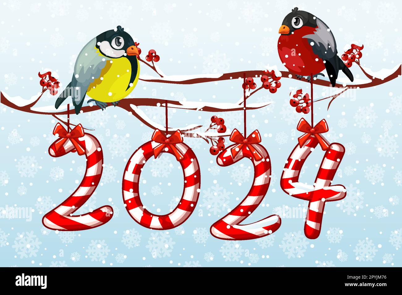 Carte de voeux ou affiche bonne année 2024 avec bonbons. Dessin animé - Bonne Annee Et Joyeux Noel