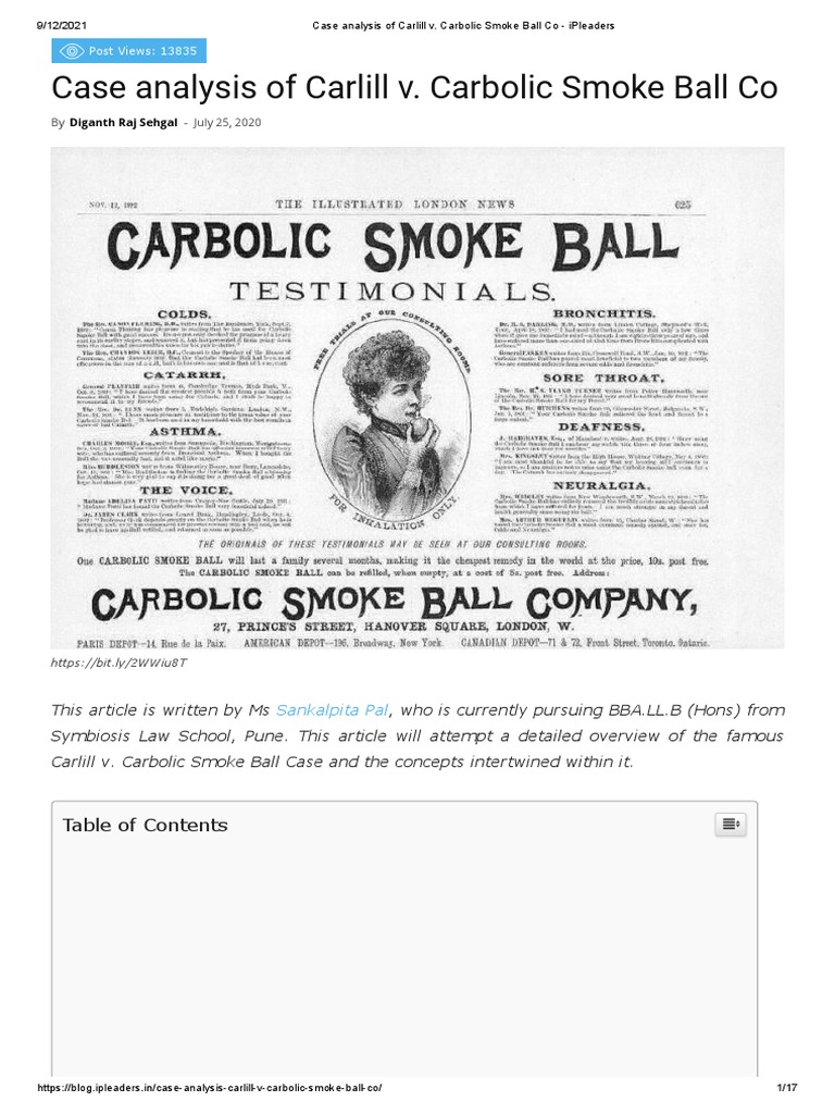 Case Analysis of Carlill v. Carbolic Smoke Ball Co. | Download Free PDF - Carlill V Carbolic Smoke Ball Co 1893 1 Qb 256