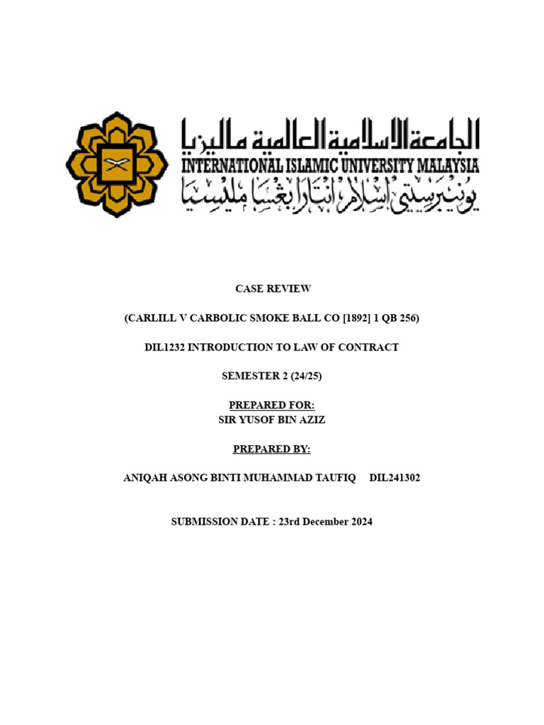 Case Review CARLILL V CARBOLIC SMOKE BALL CO [1892] 1 QB 256 | PDF - Carlill V Carbolic Smoke Ball