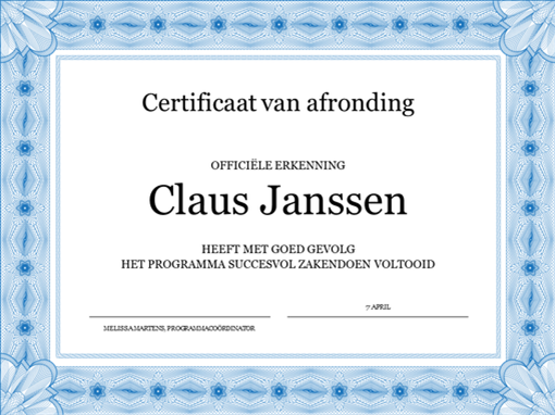 Certificaat van deelname (blauw) - Bewijs Van Deelname In Een Belegging