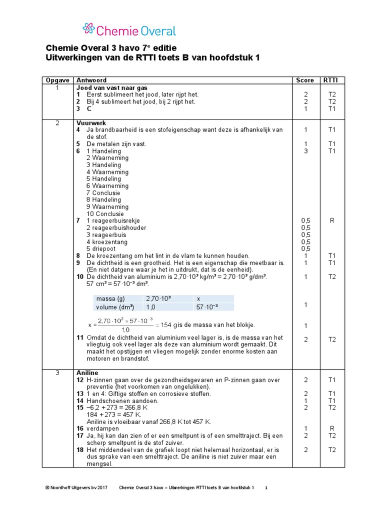 Chemie Overal 3 Havo RTTI-Toets B H01 Uitwerkingen | PDF - Chemie Overal Uitwerkingen Vwo 4