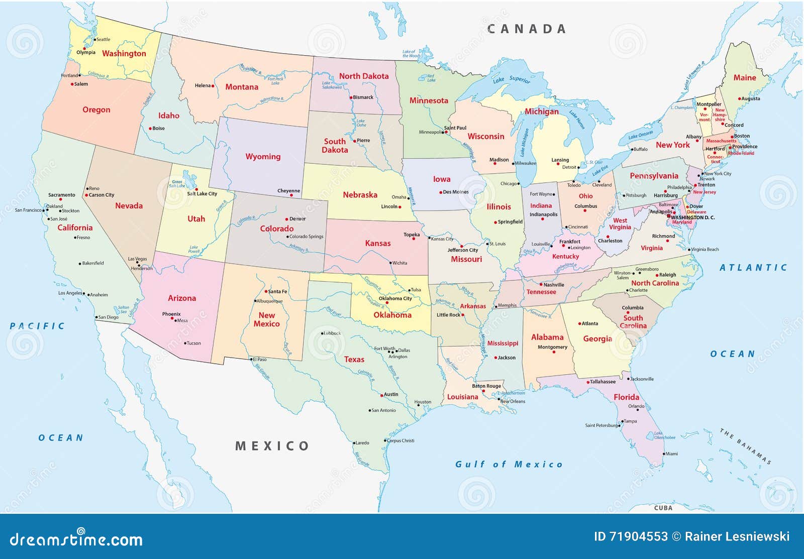 Colored United States Map With Names And Capitals Cartoon Vector - Grootste Staat Van De Verenigde Staten