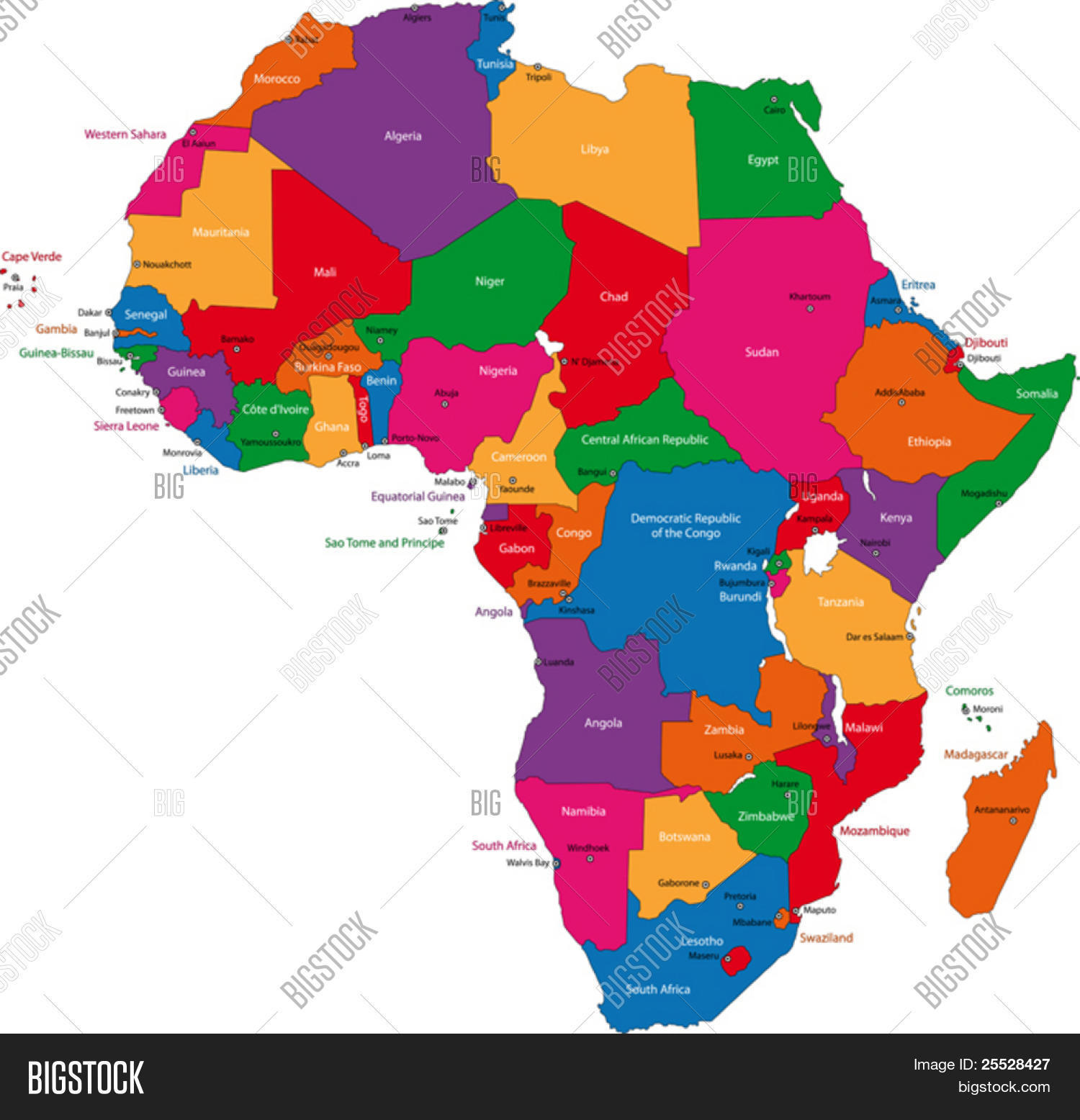 Colorful Africa Map Countries Vector & Photo | Bigstock - Kaart Van Afrika Met Landen En Hoofdsteden