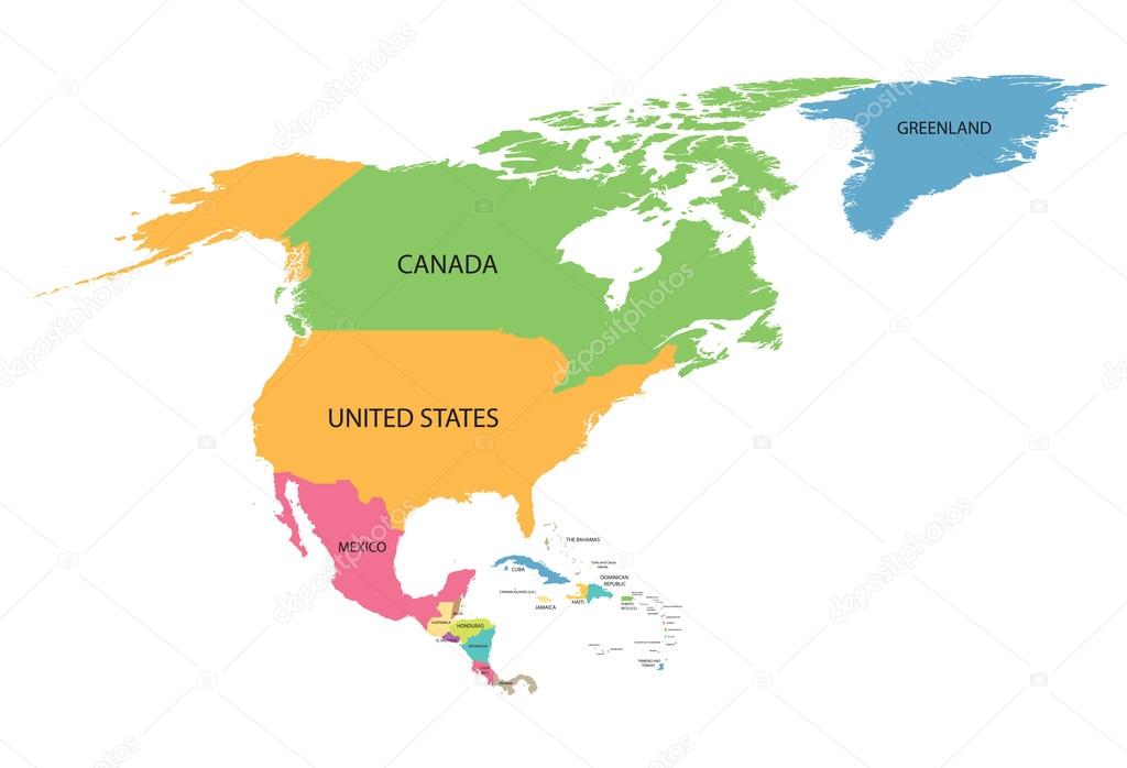 Colorful map of North America with names of all countries — Stock - Hoe Wordt Het Rendier In Noord Amerika En Canada Genoemd