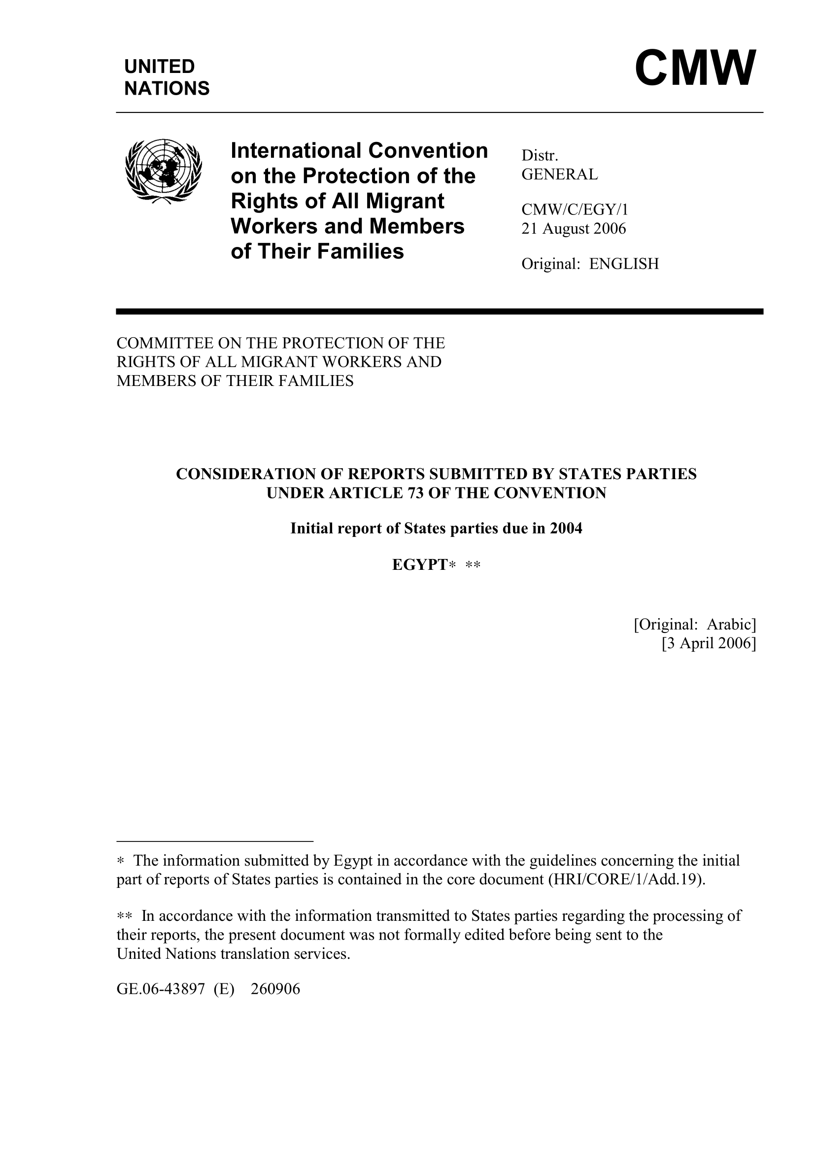 Consideration of the initial periodic report submitted by the Egypt - Article 8 Of The Convention