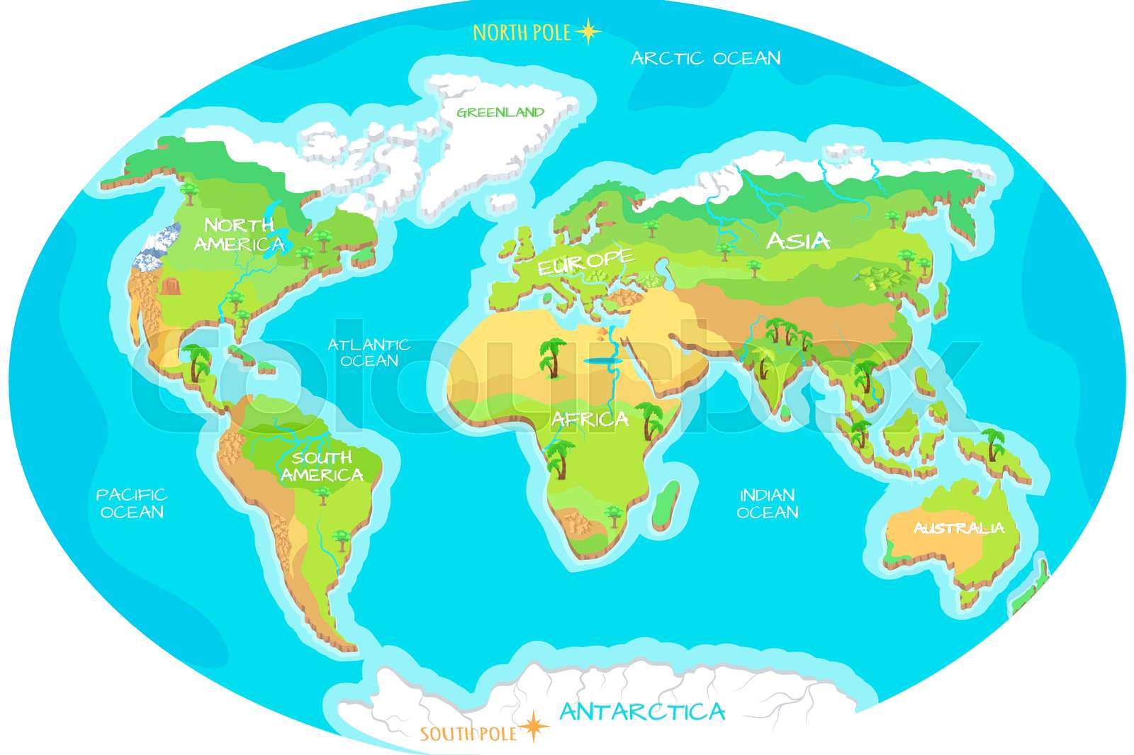 Continents, Oceans on Map of World. Our Planet. | Stock vector | Colourbox - Hoeveel Oceanen Zijn Er Op Aarde