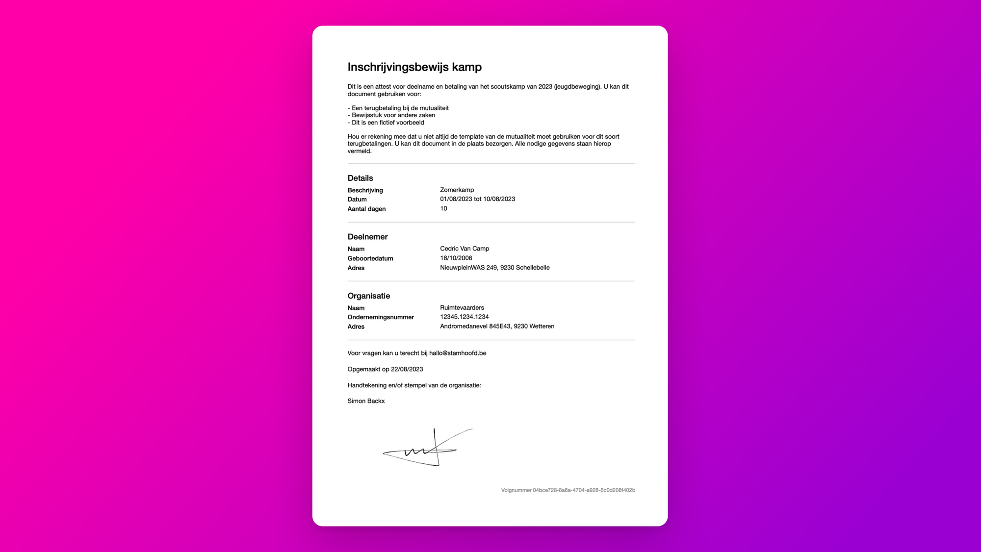 Deelname of inschrijvingsbewijzen aanmaken - Bewijs Deelname Belegging 4 Letters