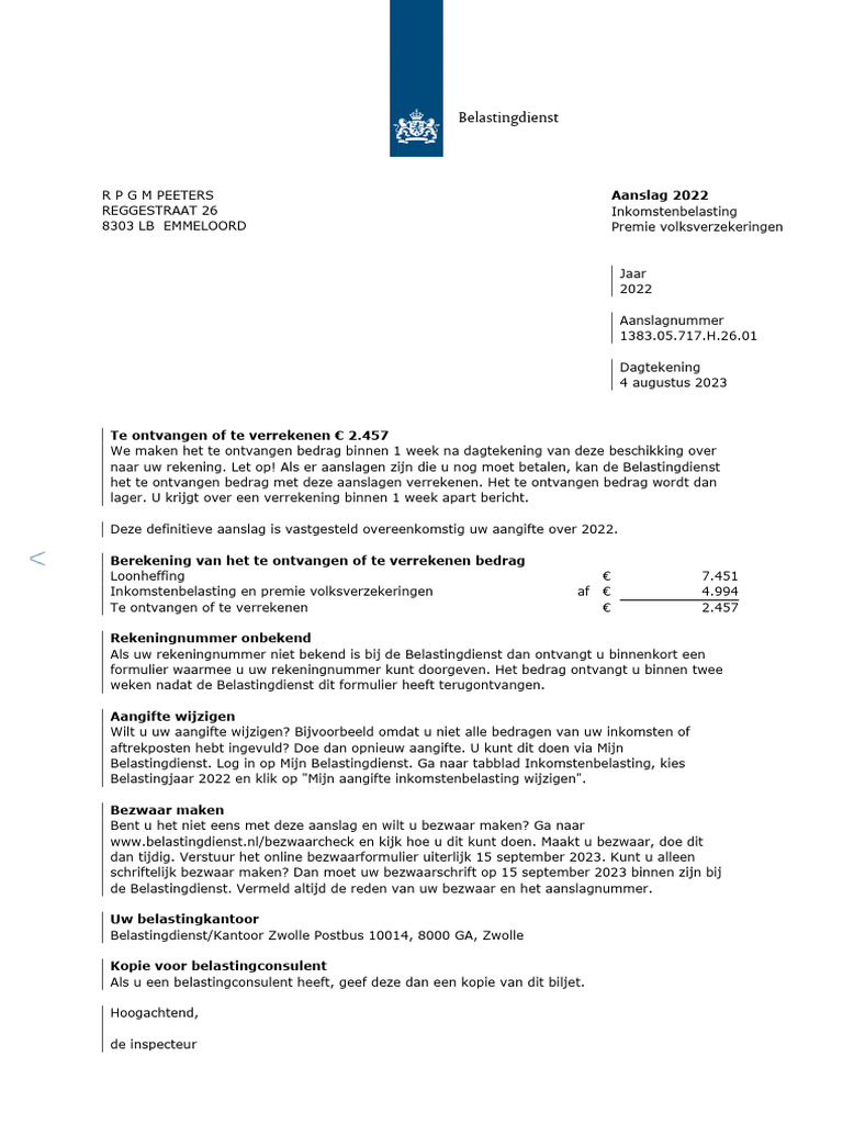 Definitieve Aanslag Inkomstenbelasting 2022 21-07-2023 00.00u | PDF - Definitieve Aanslag Te Ontvangen Of Te Verrekenen