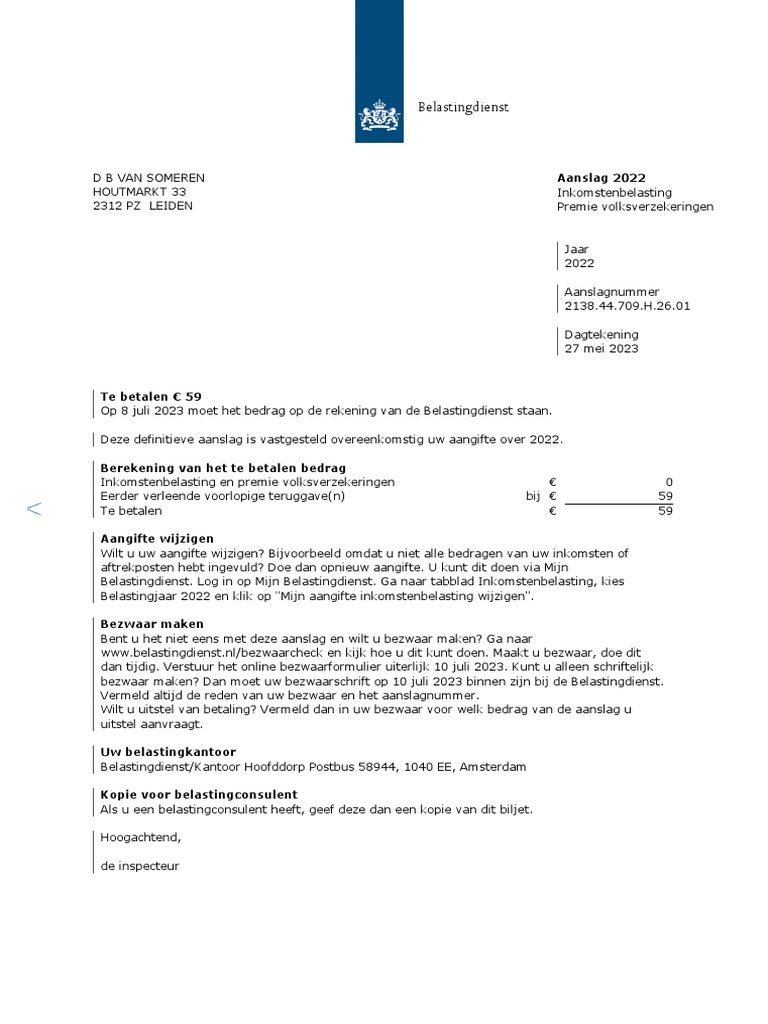 Definitieve Aanslag Inkomstenbelasting 2022 27-05-2023 | PDF - Wanneer Definitieve Aanslag Inkomstenbelasting 2023