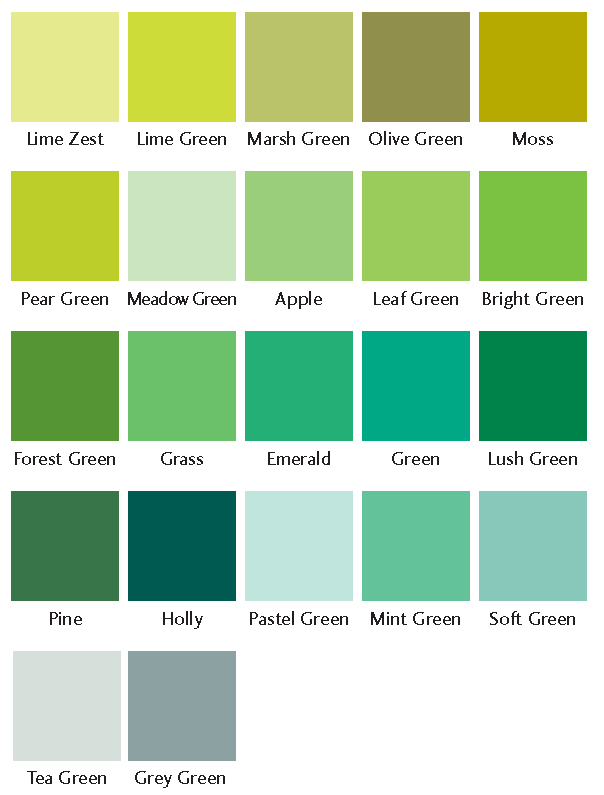 Different Shades of Green Color Chart - Hoe Heet De Kleur Tussen Groen En Blauw