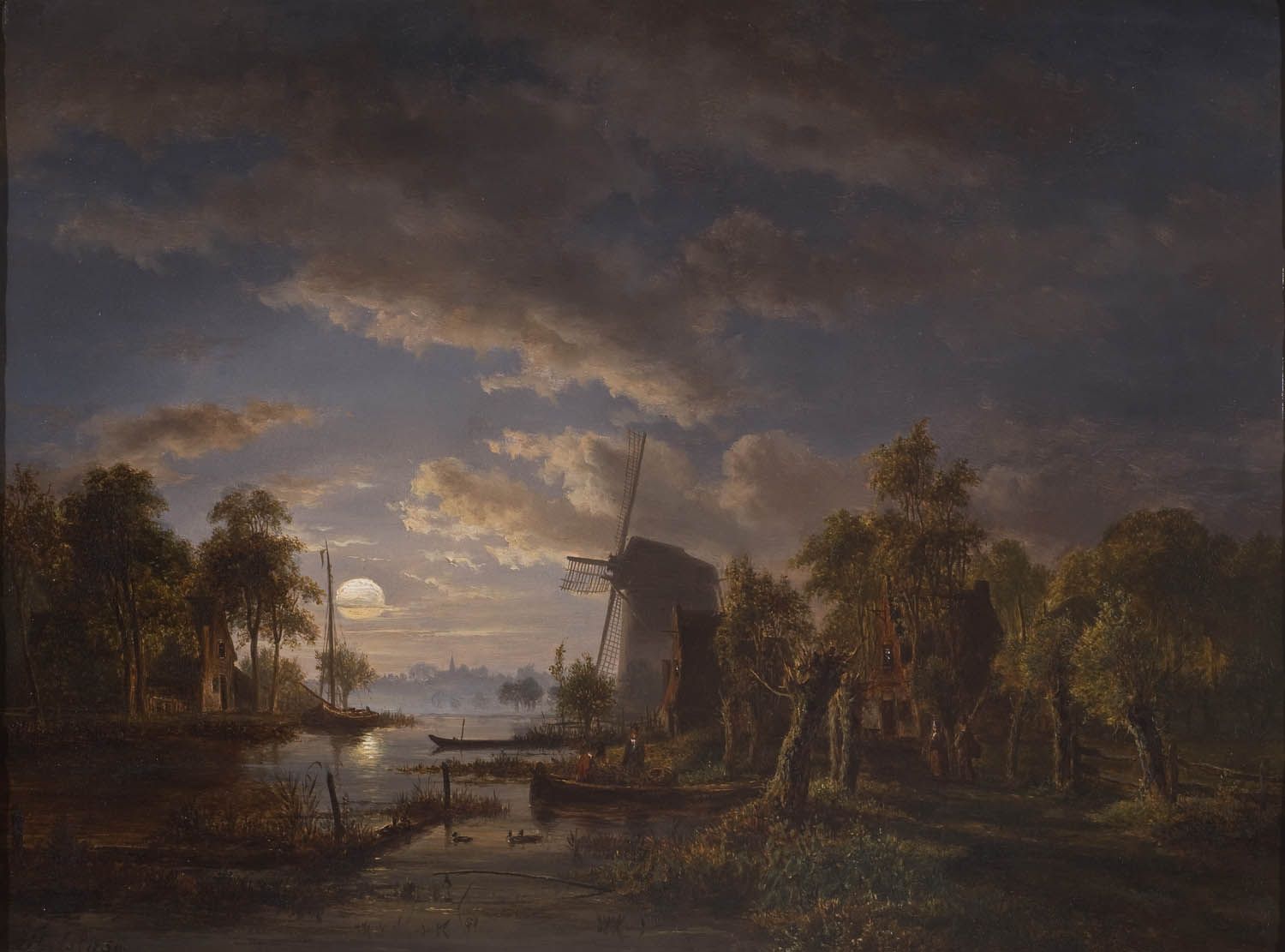 "Dorp aan de rivier in maneschijn" - Jacobus Theodorus Abels. Old - Dorp Aan De Dommel 3 Letters