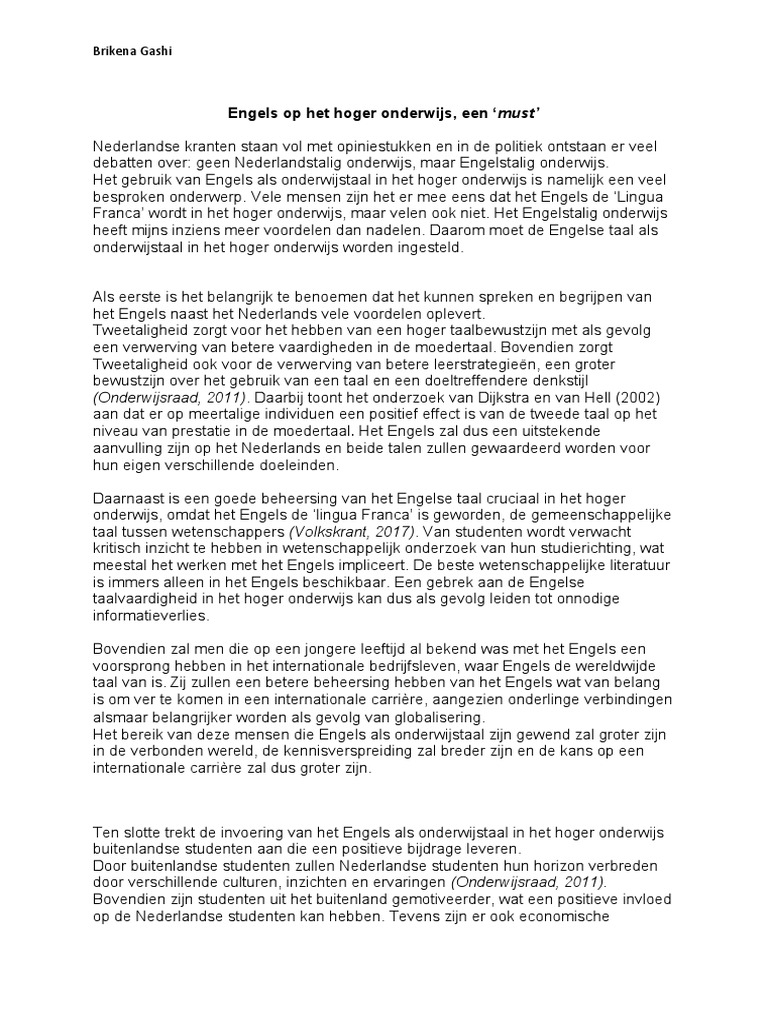 Dutch - Betoog Engels Als Voertaal Op HBO | PDF - Engels Als Voertaal In Het Hoger Onderwijs