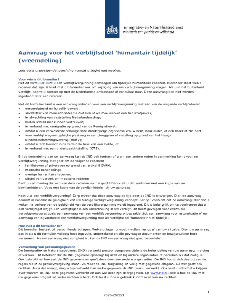 Fillable Online Aanvraag voor het verblijfsdoel 'humanitair tijdelijk - Aanvraag Voor Het Verblijfsdoel Familie En Gezin Referent