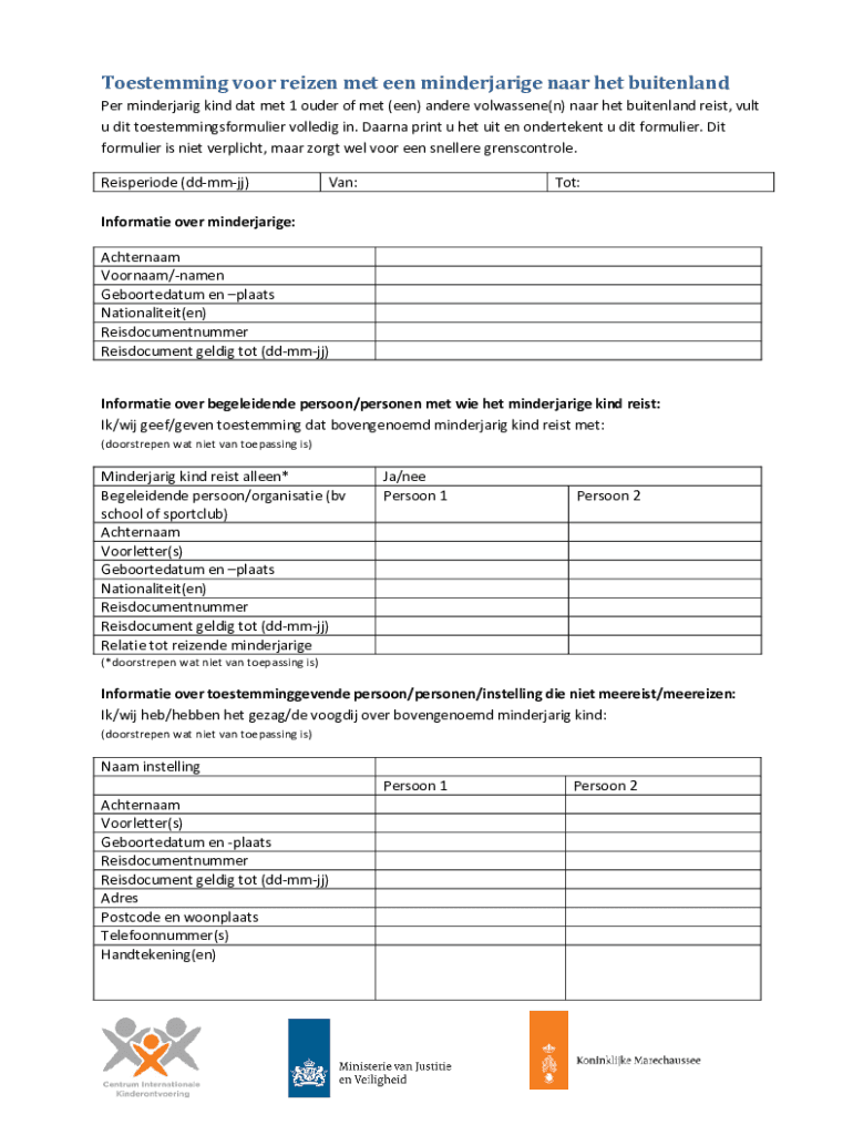 Fillable Online Toestemmingsformulier reizen met minderjarig kind - Formulier Toestemming Reizen Met Minderjarig Kind Naar Het Buitenland