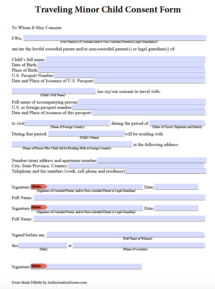 Free Minor Child Travel Consent Form - PDF - Consent To Travel Minor Form