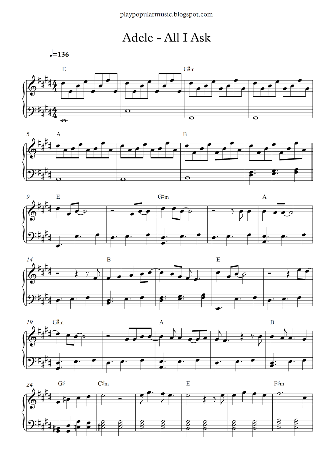 Free piano sheet music: Adele - All I Ask.pdf I don't need your honesty - Bladmuziek Op Een Grote Paddestoel